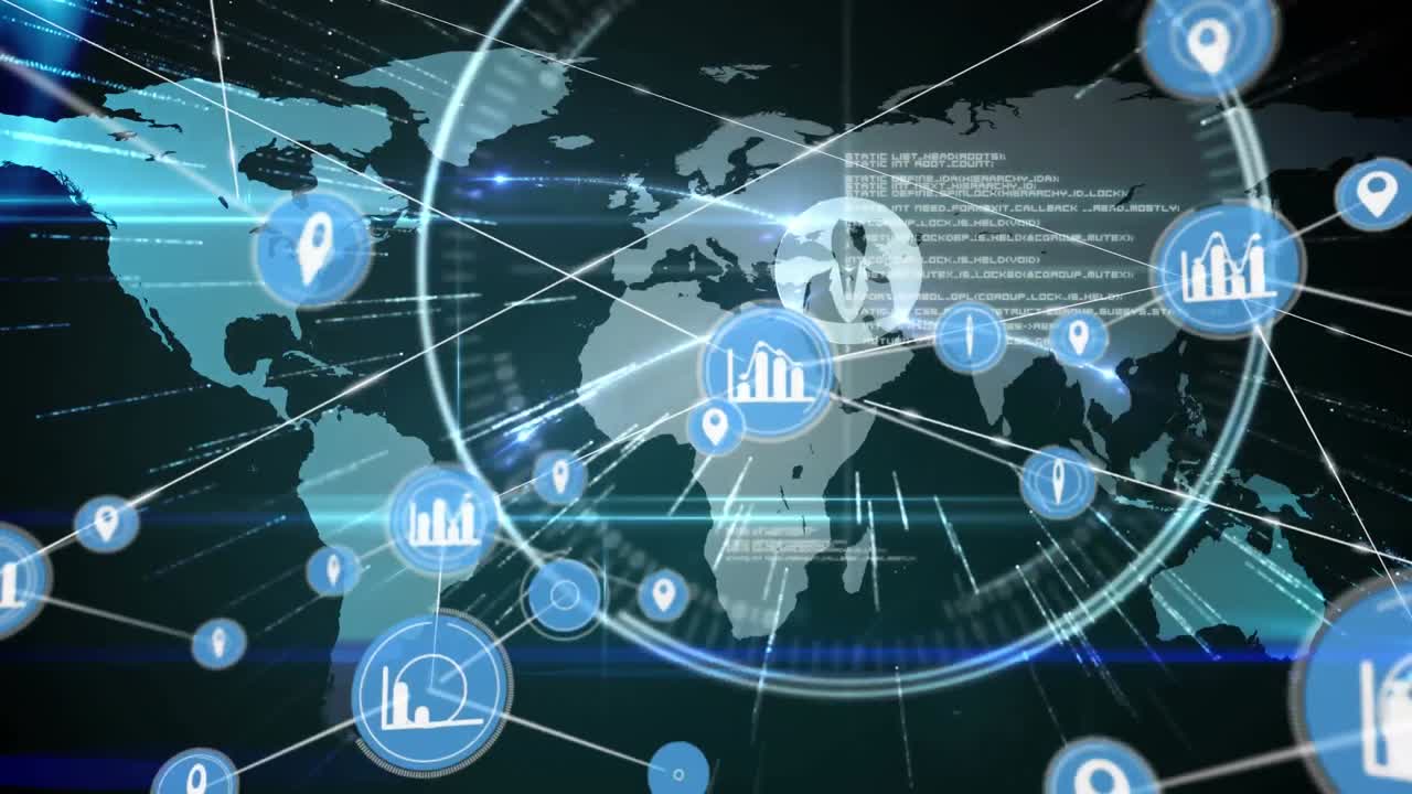 세계 지도 위에 아이콘으로 연결된 네트워크의 애니메이션