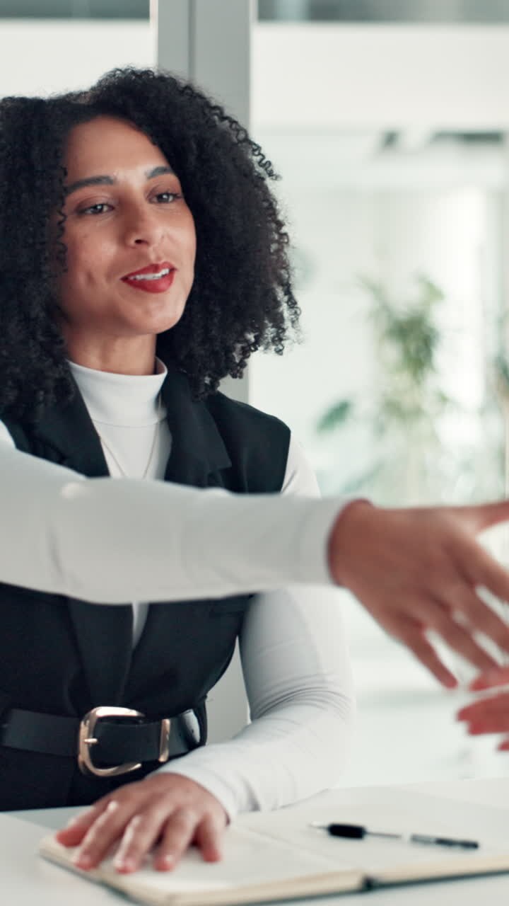 Professional Woman Talking and Shaking Hands in an Office Meeting