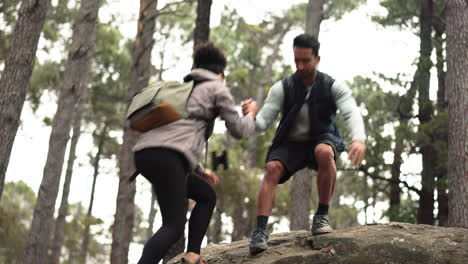 hiking, walking and young couple in forest