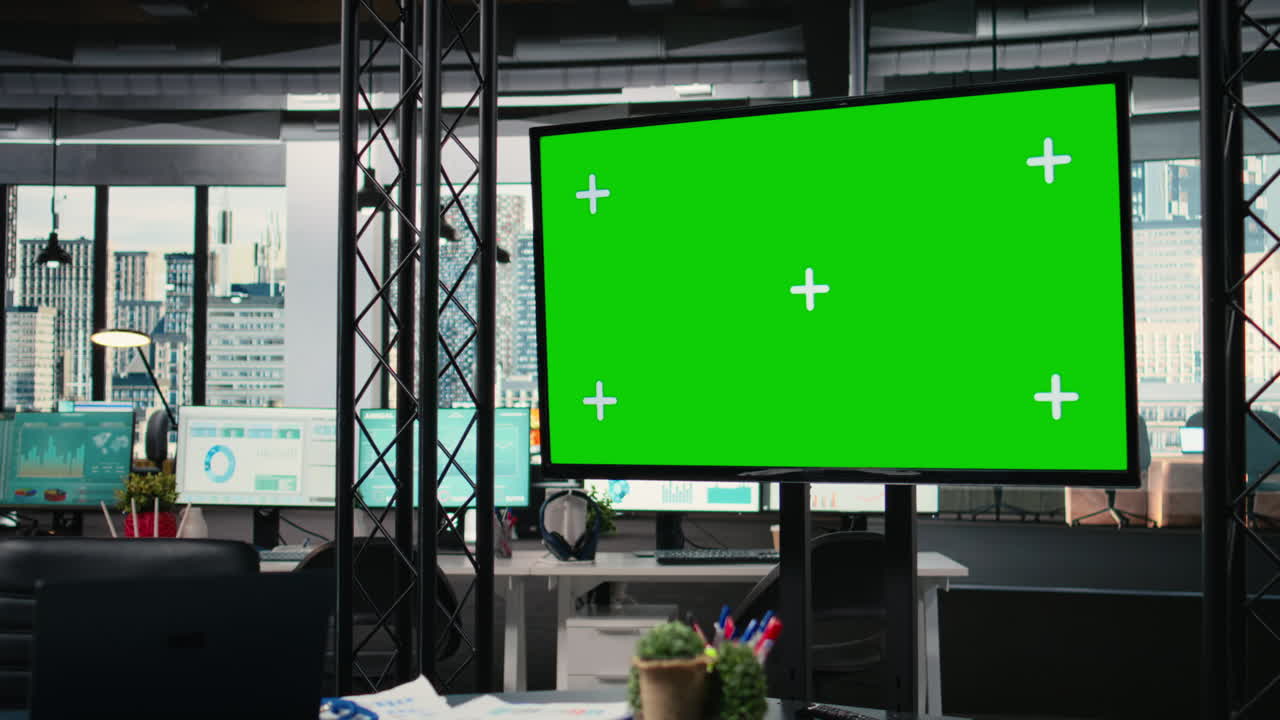 Clean professional office workstation with copy space mockup TV screen