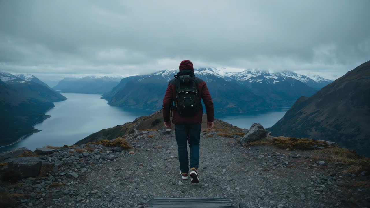 Walking hiker in maroon jacket prompted by trail heading to fjord viewpoint with black backpack