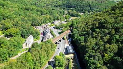 Aerial-video-footage-of-a-quiet-rural-town-in-the-North-of-England-called-Hebden-Bridge,-Halifax,-West-Yorkshire