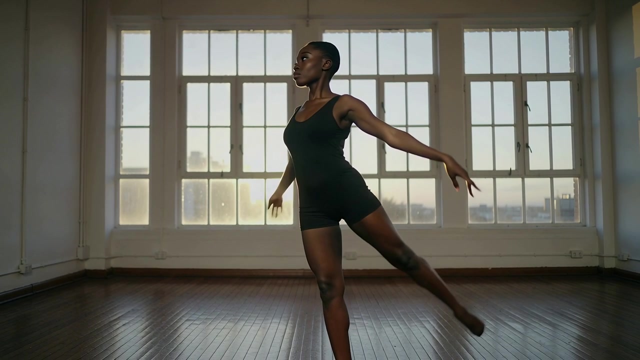 Practicing dancer in leotard starting lifted arms, ending arabesque in studio with windows, floor
