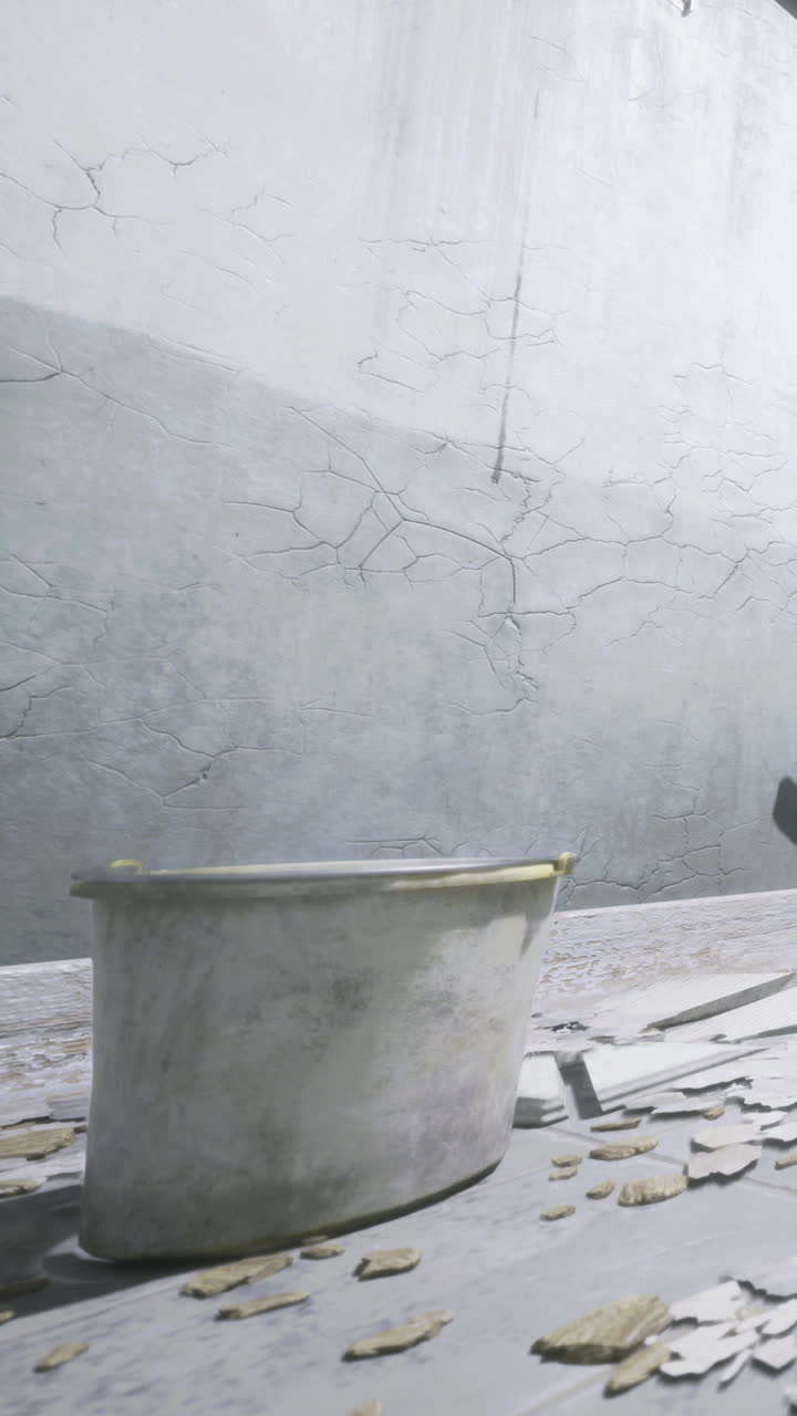 Cracked walls and a solitary bucket create a haunting atmosphere of neglect
