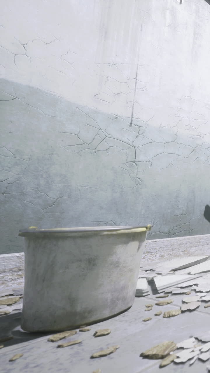 Cracked walls and a solitary bucket create a haunting atmosphere of neglect