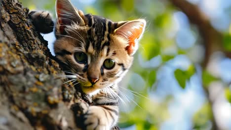 a small kitten peeking out from behind a tree