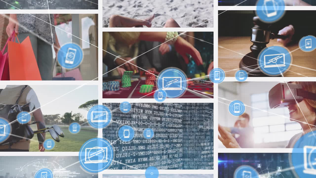 다양한 라이프 스타일 활동에 대한 디지털 네트워크 및 기술 아이콘 애니메이션
