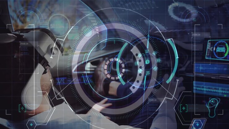 Animation of scope scanning over man wearing vr headset in self driving car