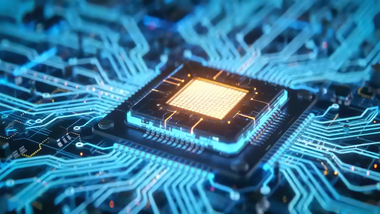 Strømførende CPU pulserer gylden kerne på makrobillede af printplade, oplyser blå spor og ben, viser signaler