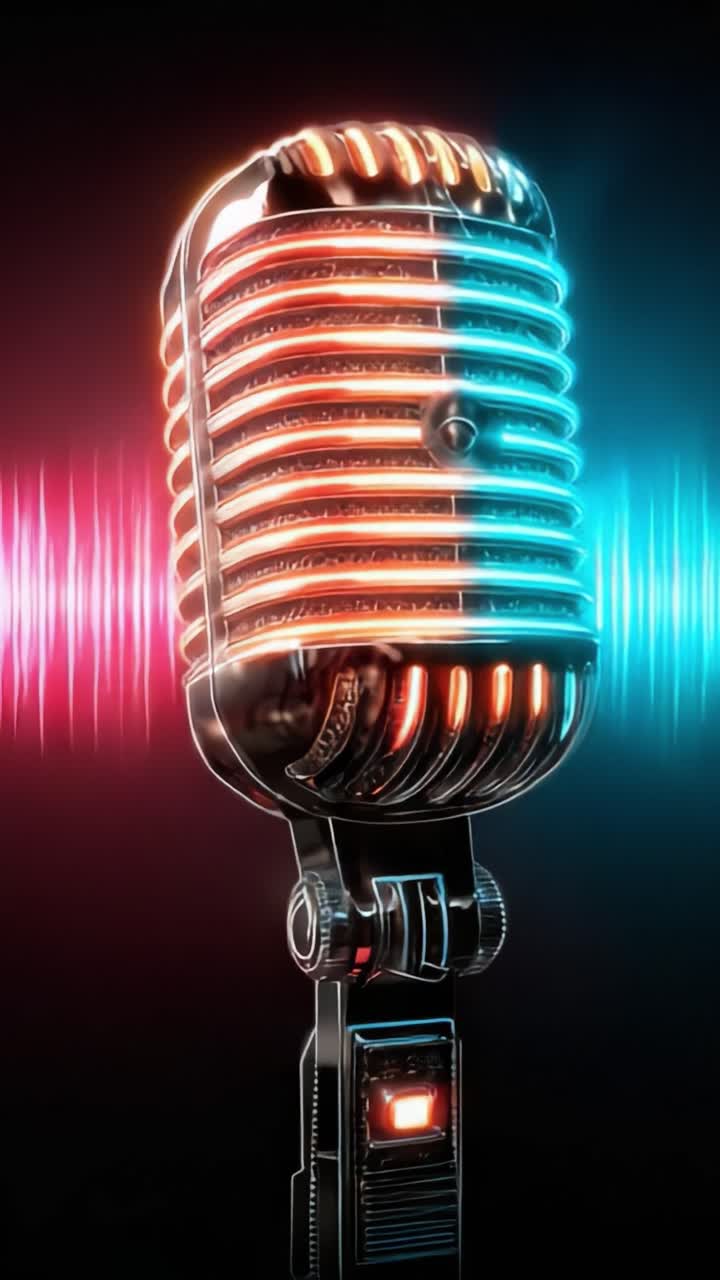 Splendido Microfono Vintage con Bagliore al Neon e Sfondo a Onda Sonora che Cattura l'Essenza della Musica e del Suono in uno Stile di Arte Digitale Moderno