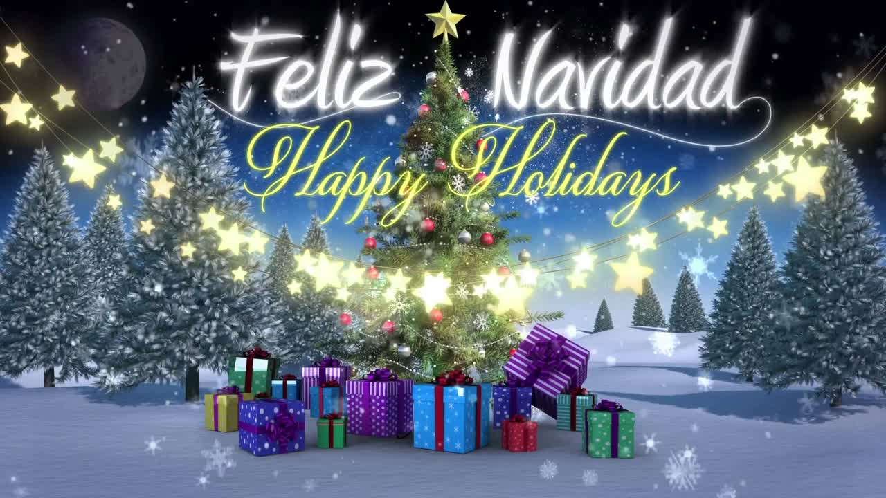 feliz texto de navidad sobre el árbol de navidad y regalos en el paisaje de invierno.