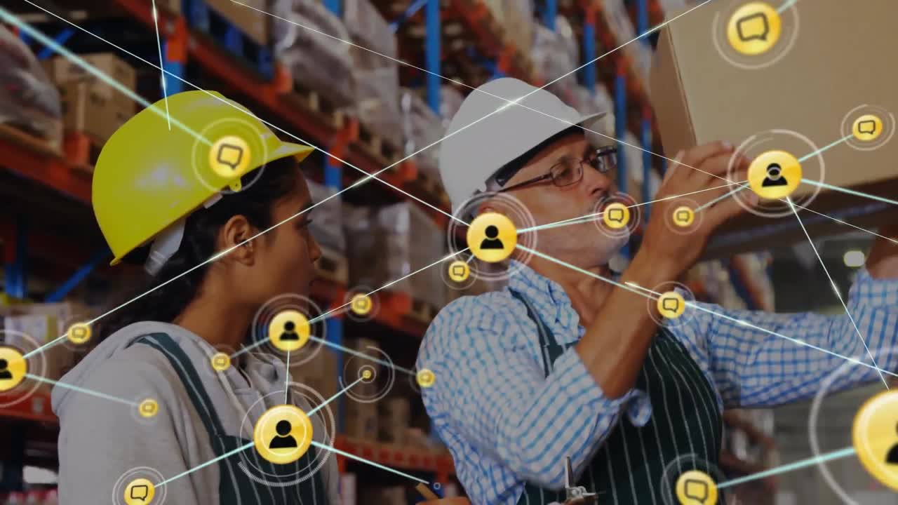 Animation of network of connections with icons over diverse man and woman working in warehouse
