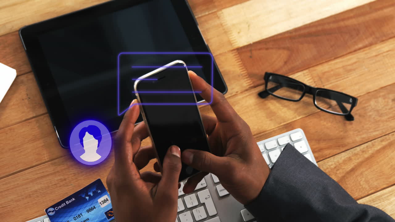 Animation of social media icons and data processing over biracial woman using smartphone