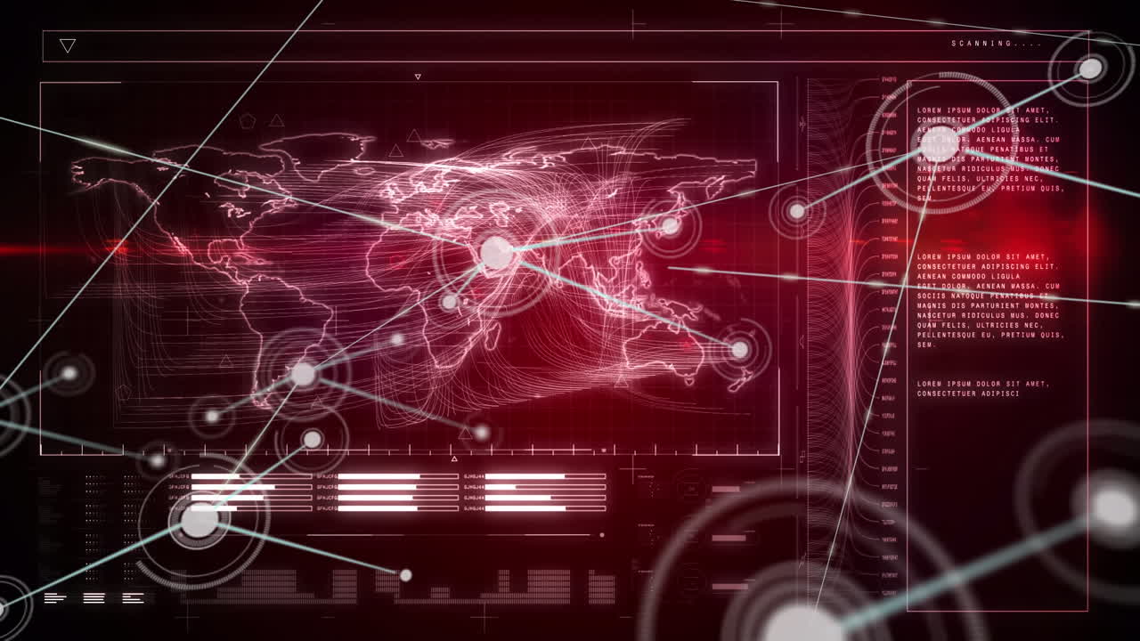 Animation of network of connections over interface with data processing against red background