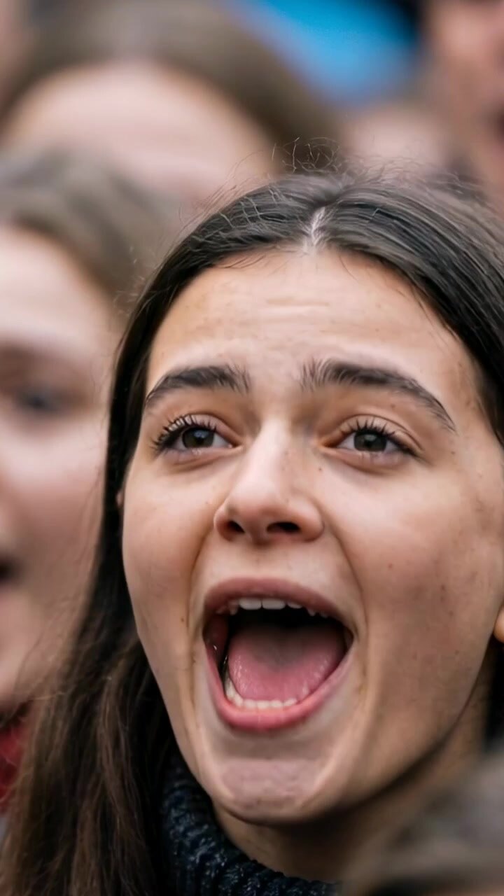 Vertical video: Yelling woman urged by crowd, shifting shout-smile-shout at rally in turtleneck