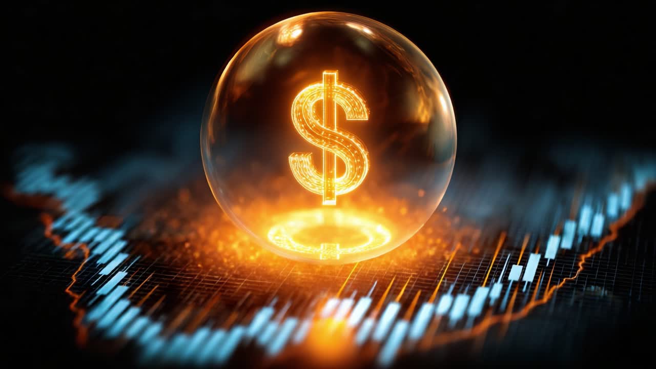 Oplyst krystalkugle med dollarsymbol mod abstrakt finansgrafbaggrund, der repræsenterer økonomisk vækst, investeringspotentiale og formuegenerering.