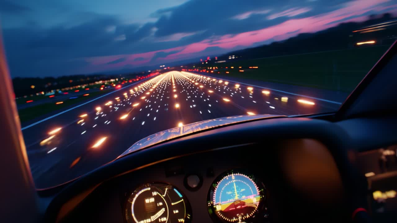 Captivating Visuals of an Aircraft's Descent as It Approaches a Lively Runway with Illuminated Lights Twinkling Against a Beautiful Twilight Sky, Showcasing the Craftsmanship and Precision of Aviation Engineering
