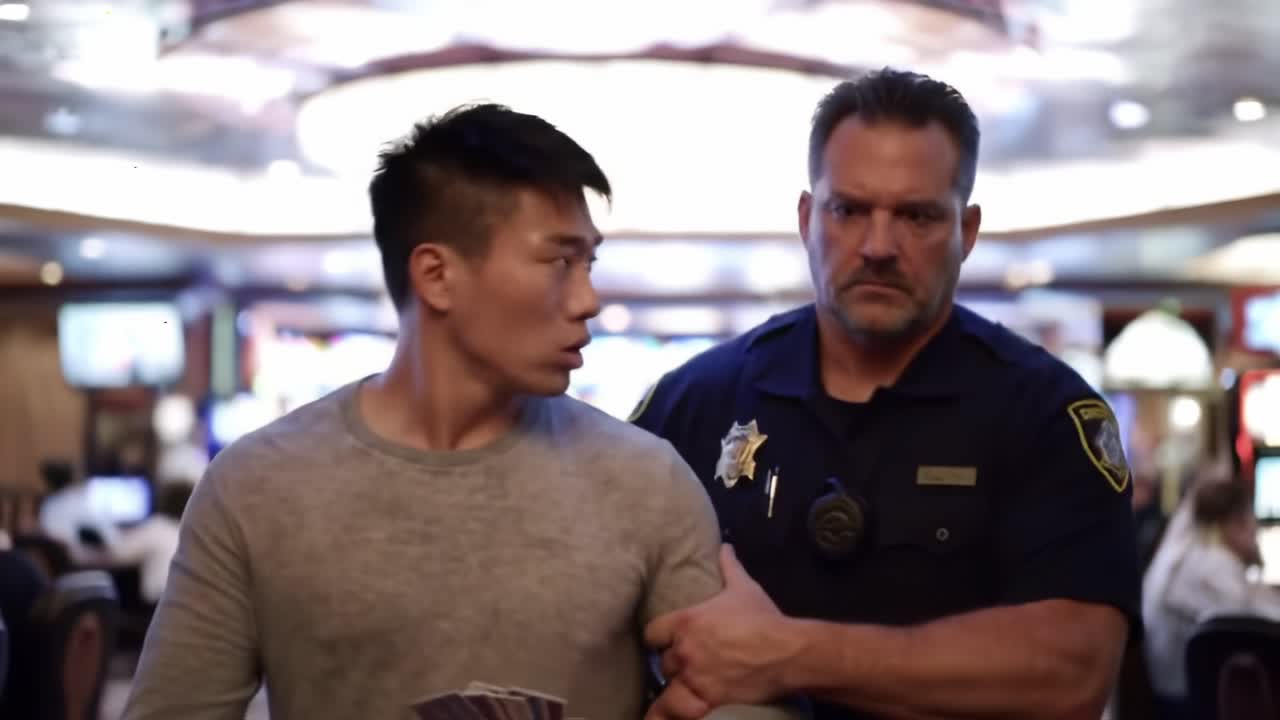 A Tense Moment in a Casino: A Young Man Being Escorted by a Serious Officer Amidst the Buzz of Slot Machines and Table Games