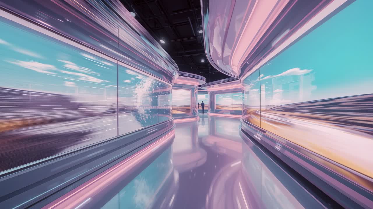 Camera gliding through exhibition corridor, showcasing curved digital panels and rotating globe