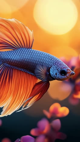 vibrant fish with bright flowers. a bright betta fish glides through delicate pink flowers as sunlight creates a warm glow in the background.
