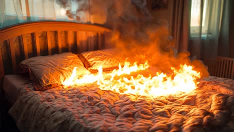 a bed with a fire burning on top of it