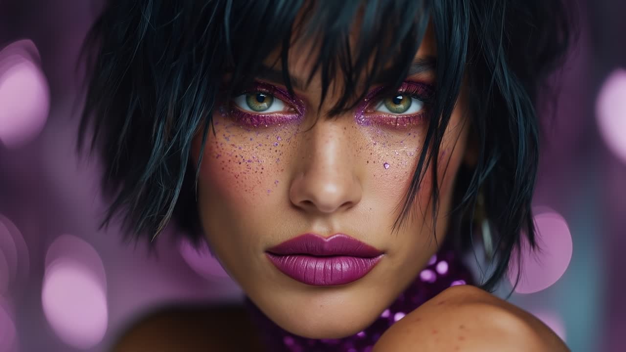 Primo piano di donna con trucco glitter viola scintillante e capelli scuri spettinati in luce bokeh