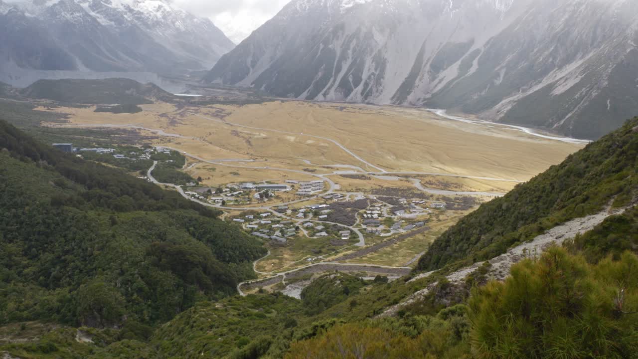 Village In Mt Cook Seen From Red Tarns Track, South Island, New Zealand - Wide Shot