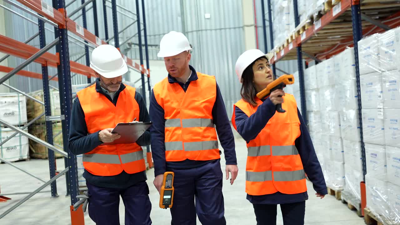 Warehouse workers inspecting inventory