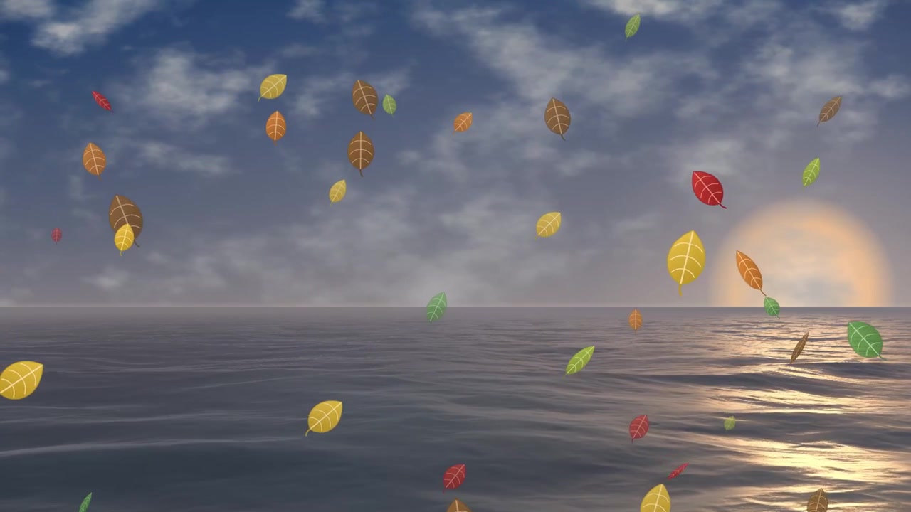 Animated colorful autumn leaves fall gently over a calm ocean during a golden sunset.