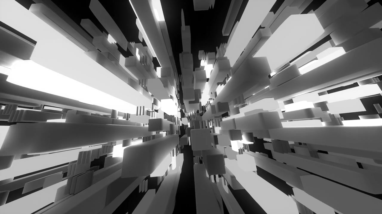 A rapid perspective first-person flythrough down a monochrome grid canyon lined with abstract rectangular city block shapes.