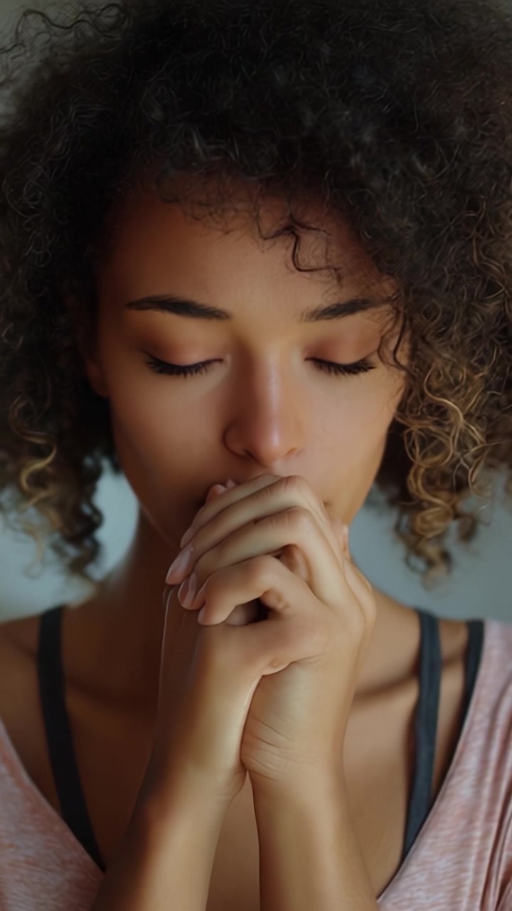 Um Momento Contemplativo: Uma Jovem Mulher Profundamente Pensativa com as Mãos Entrelaçadas, Refletindo Introspecção e Profundidade Emocional em um Ambiente de Luz Suave.