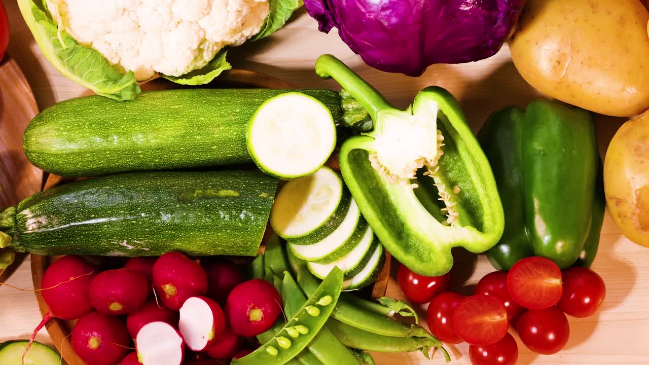 나무 바탕 에 전시 된 다양한 채소