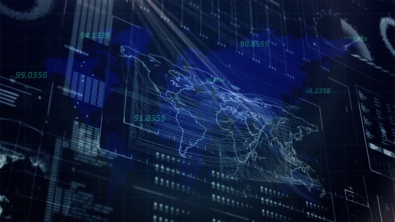 データ処理と世界地図を暗いデジタル画面でアニメーション化する