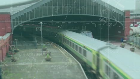 ecuaciones matemáticas animando sobre el tren entrando en la estación