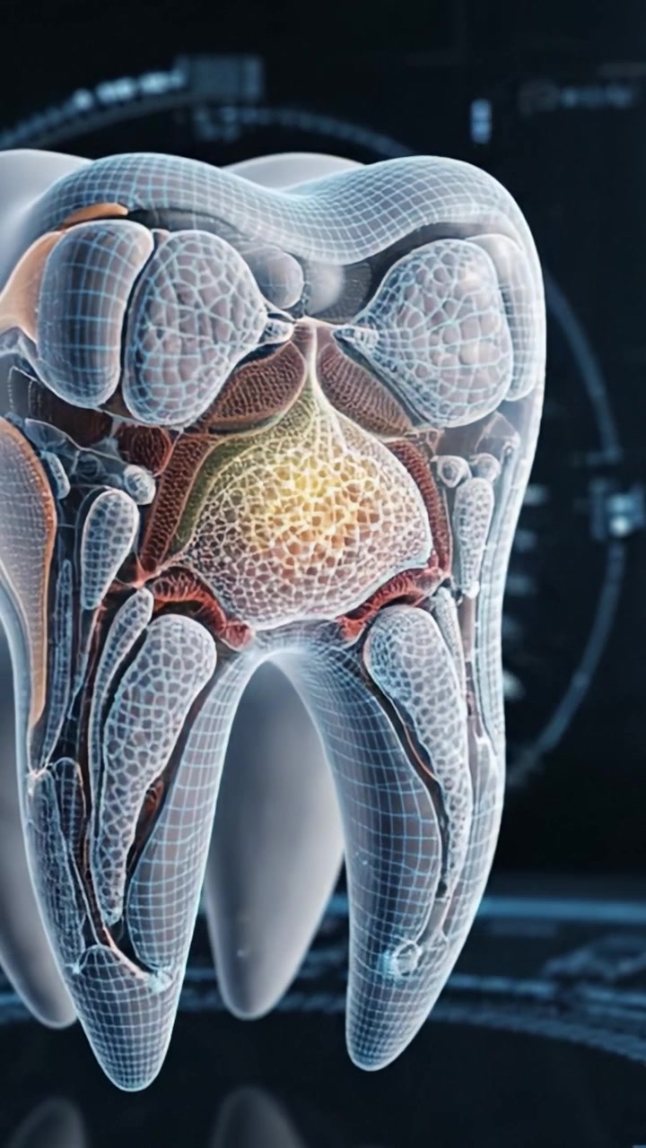 Exploring Dental Anatomy: A Detailed Visualization of a Tooth Revealing Internal Structures and Network in High-Definition 3D Graphics for Enhanced Understanding of Oral Health.