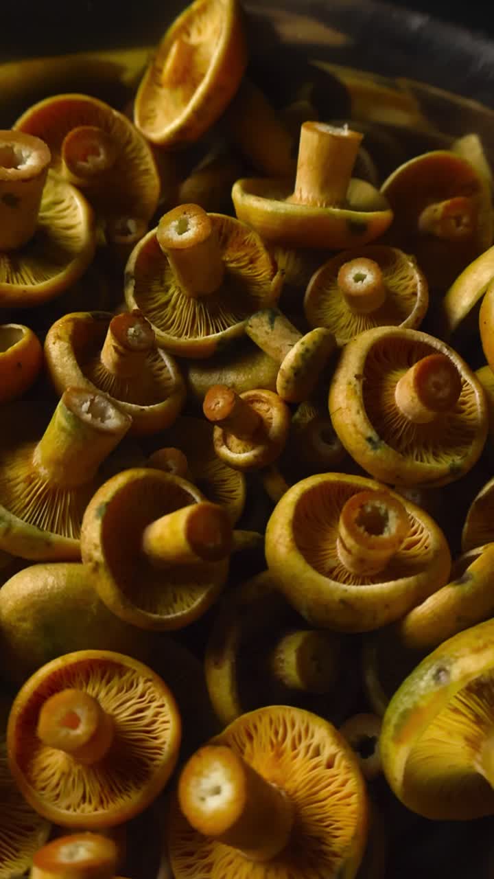 Close up detailed footage of reshly picked and cut Orange Milkcap mushrooms in a pile on top of each other with stems and textures clearly visible under spotlight studio lights. Vertical video