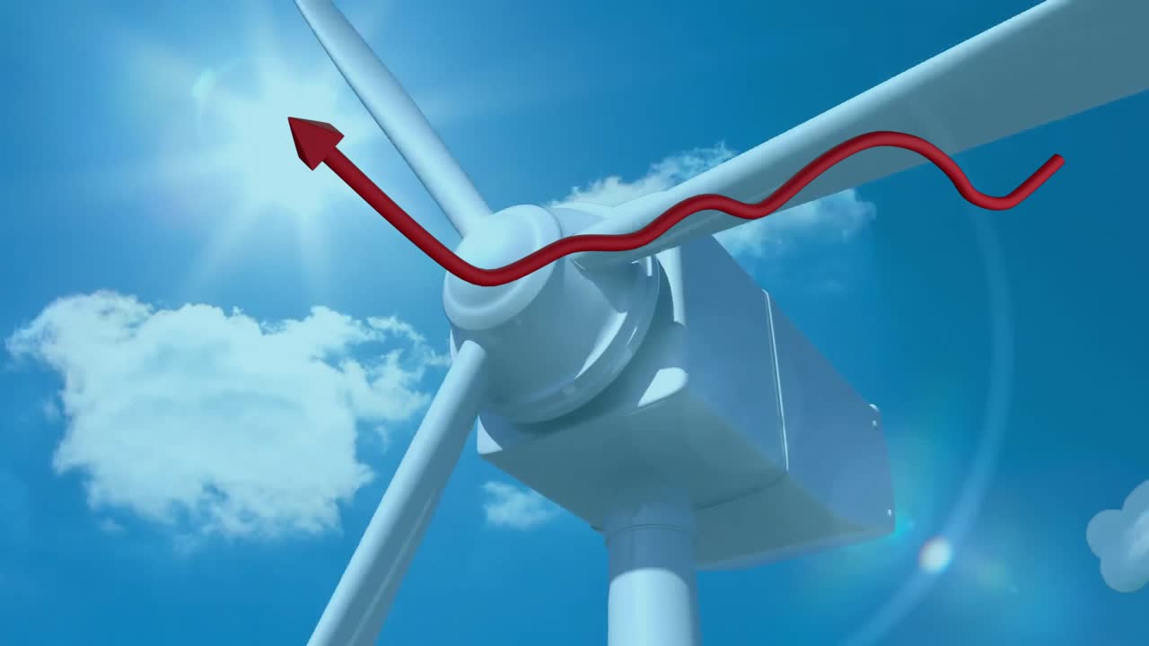 Wind turbine generating energy with red arrow animation under bright blue sky