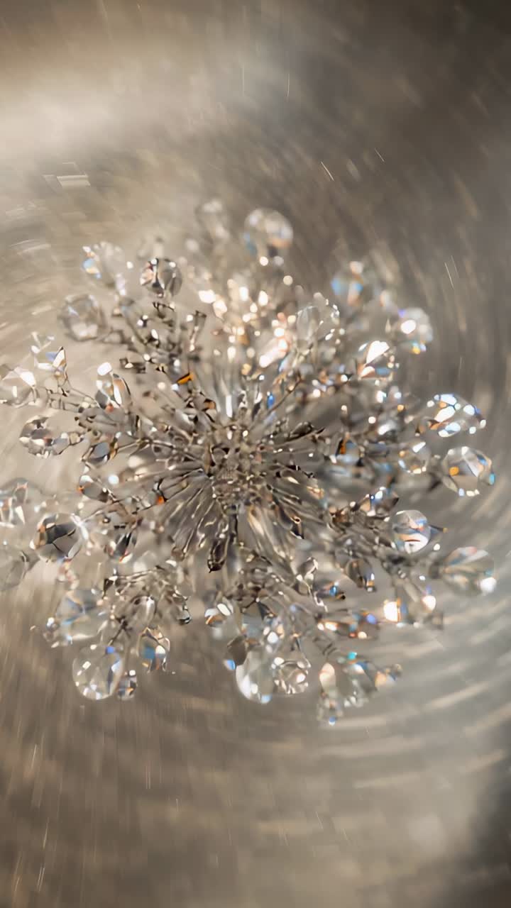 Vertical video: Shifting camera filming central crystal cluster close-up, revealing bright sparkles