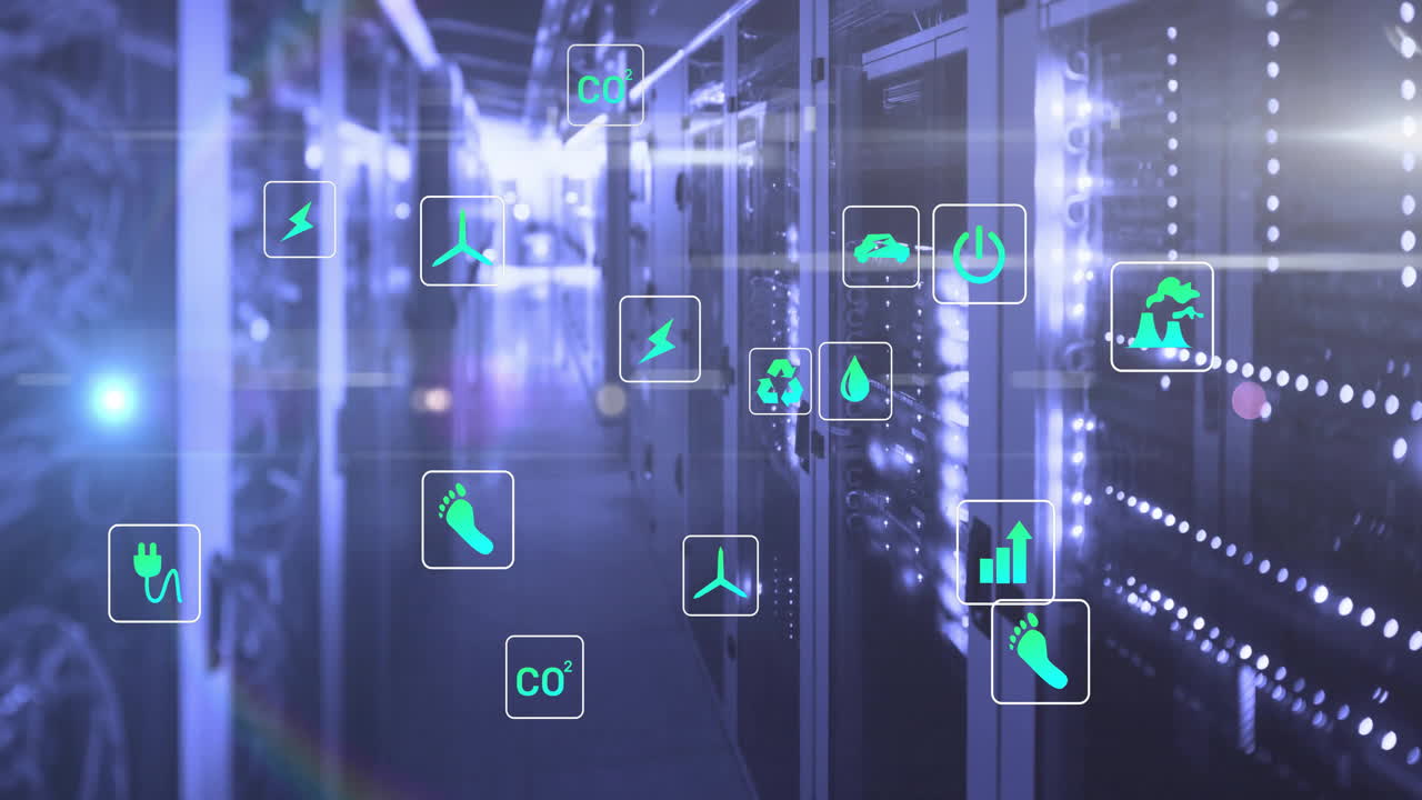 Animation of light spots and ecology icons over server room