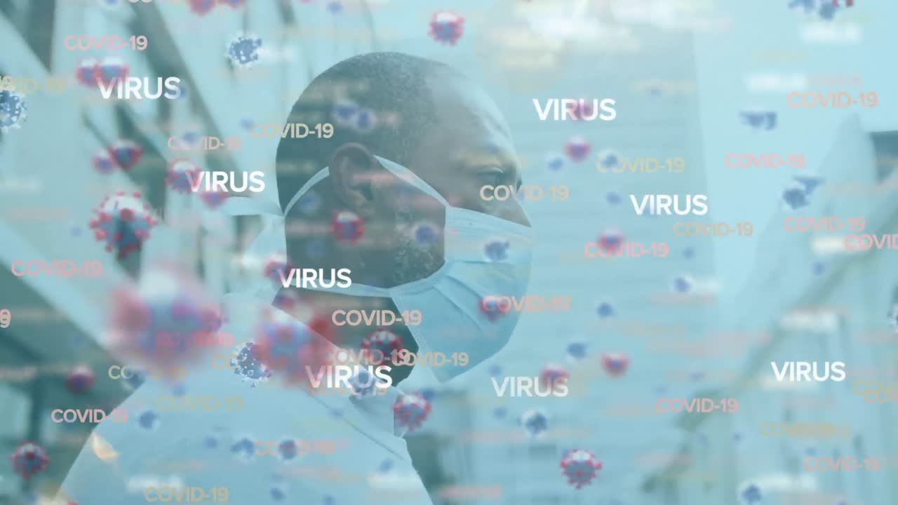 animación del texto y las células del coronavirus sobre un hombre que usa una máscara facial