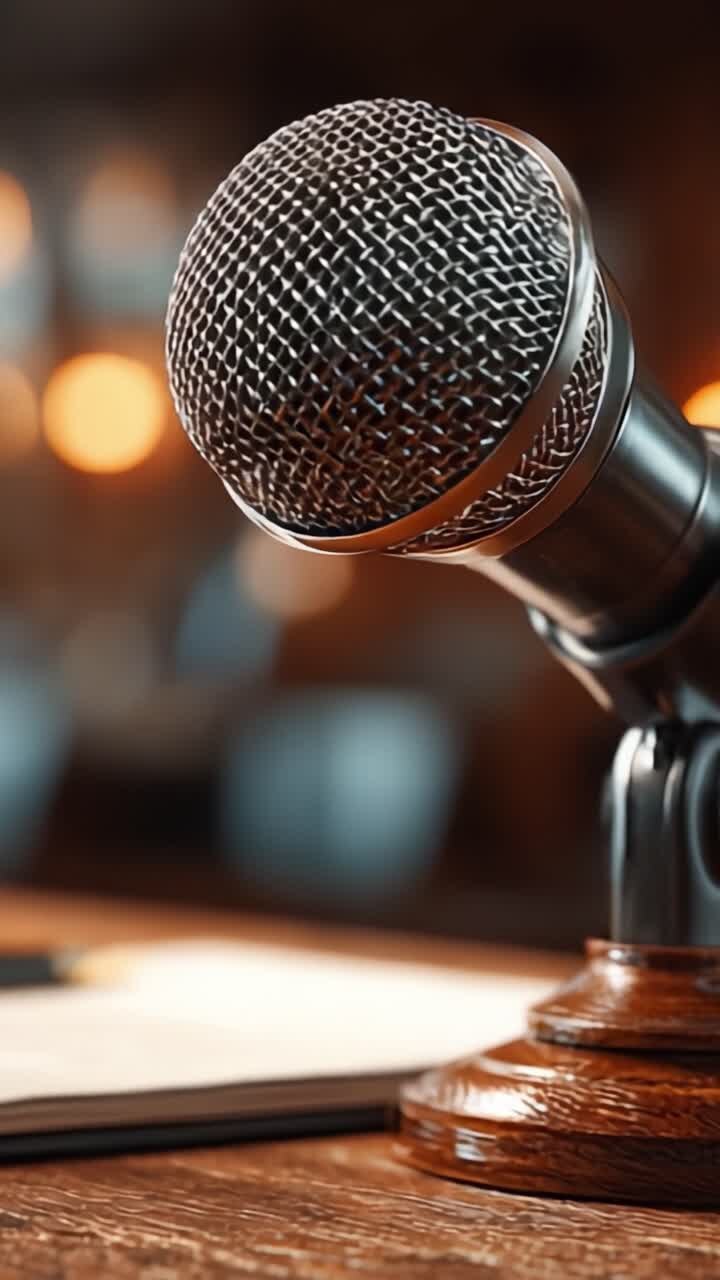 Un primo piano di un microfono dinamico su un elegante supporto in legno, che cattura l'essenza del suono e della performance in un ambiente accogliente e suggestivo.