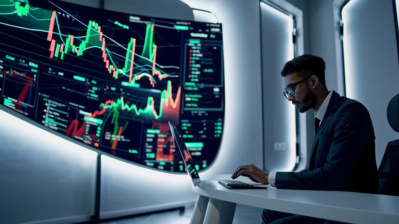 Businessman Analyzing Stock Market Data in Modern Office