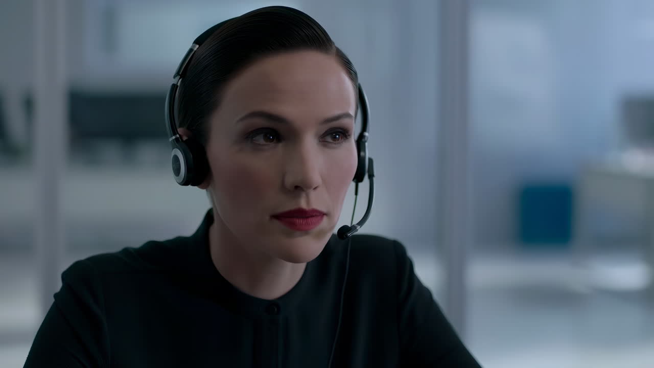 Geconcentreerde vrouw met headset aan het werk in een modern kantoor
