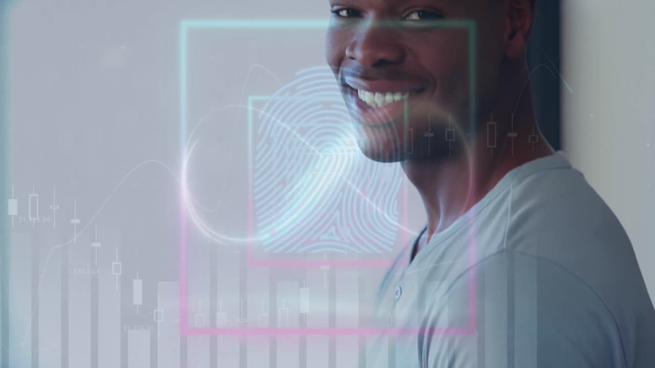 animación de procesamiento de datos y formas sobre hombre afroamericano usando tableta