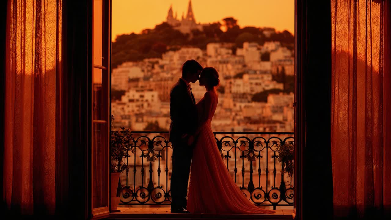 Un abrazo romántico al atardecer: una pareja en silueta con una puesta de sol espectacular, enmarcada por elegantes cortinas en un balcón, ideal para capturar la esencia del amor