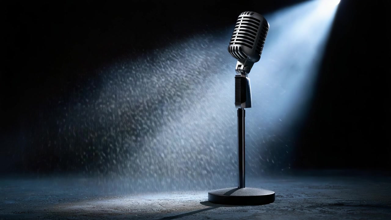 A Stunning Spotlight on a Vintage Microphone Captured in Two Frames, Evoking the Essence of Live Performance and the Magic of Music and Communication.