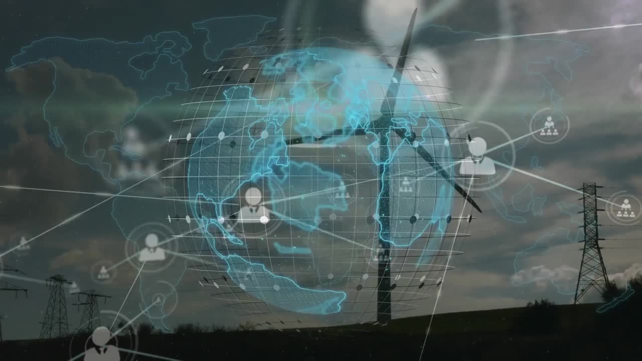 Animation of globe, connections and data processing over wind turbine