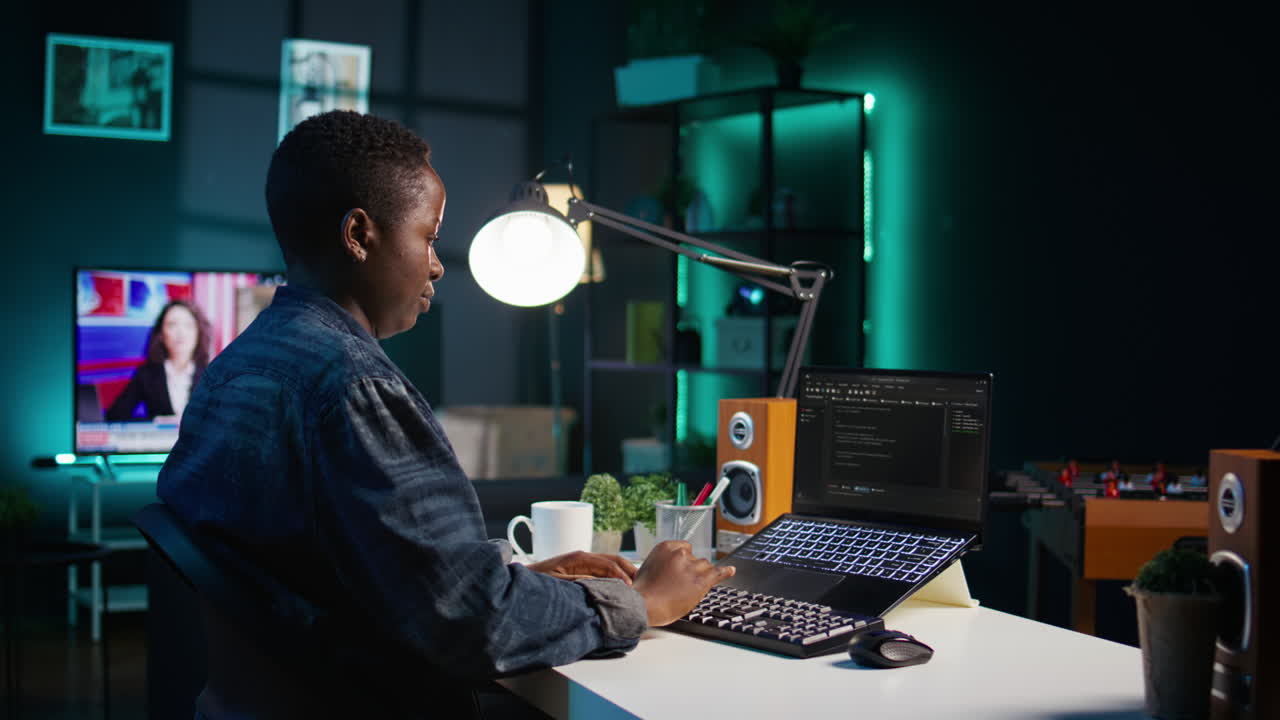 mujer codificando por la noche en la oficina de casa.