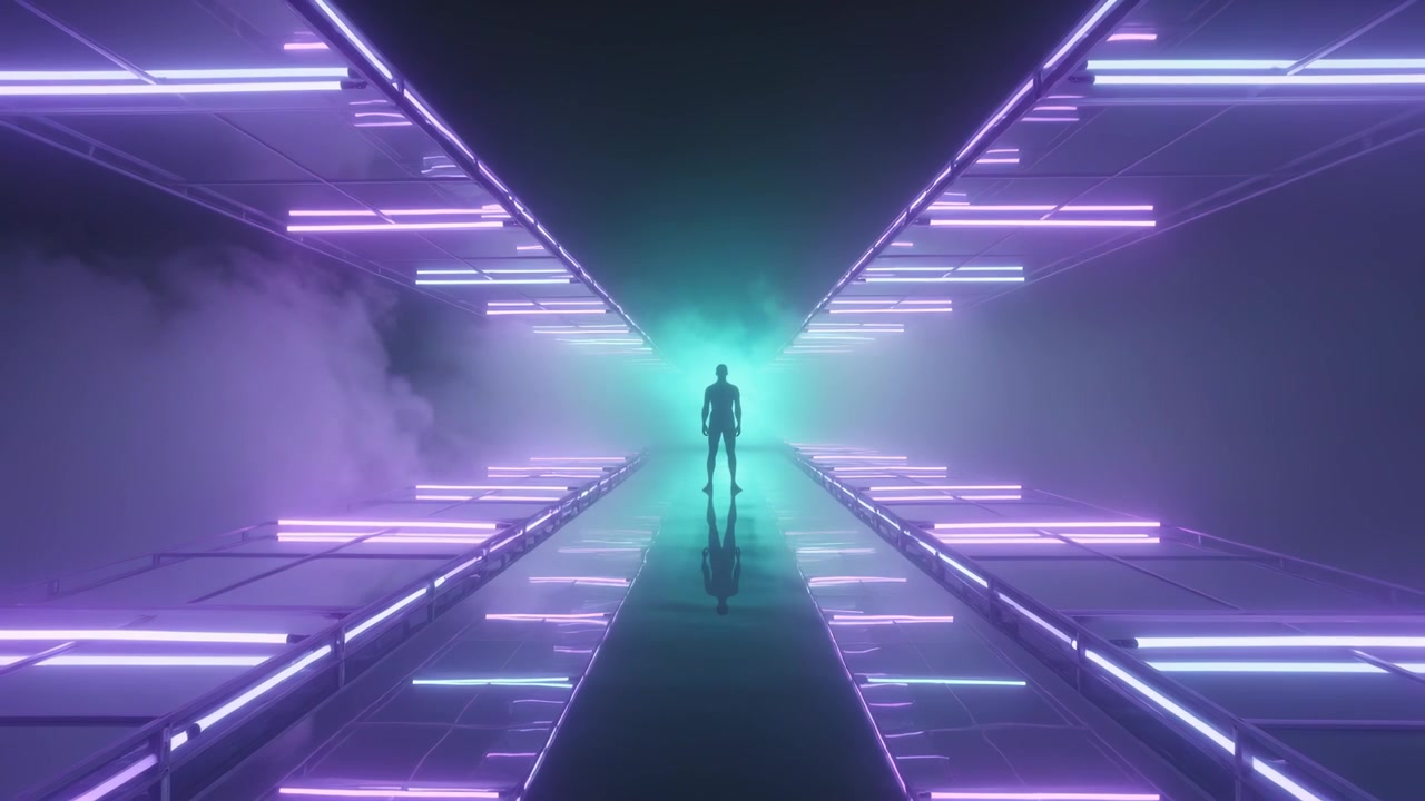 Backlight creating man silhouette standing on glossy ramp wearing suit with neon fog showing mirror