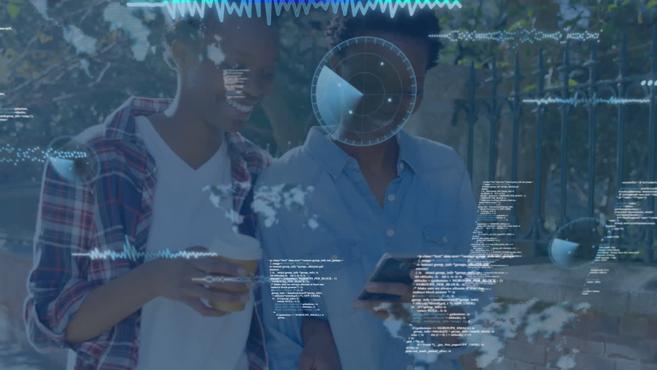 Digital interface with data processing against two african american woman using smartphone outdoors